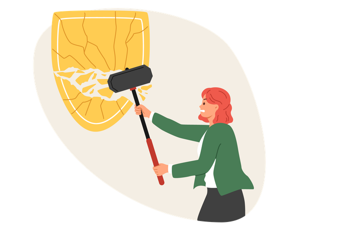 Woman breaks huge shield with sledgehammer destroying protection of competitors business  Illustration