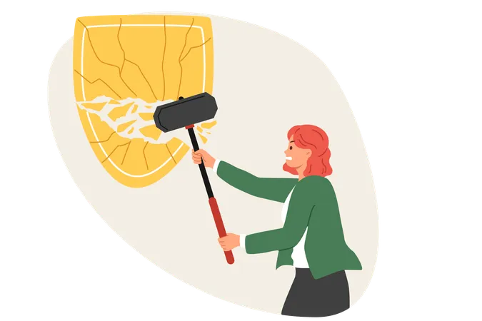 Woman Breaks Huge Shield With Sledgehammer Destroying Protection Of Competitors Business From Unauthorized Entry Strong Ambitious Girl Bravely Breaks Enemies Defenses To Achieve Goal Illustration