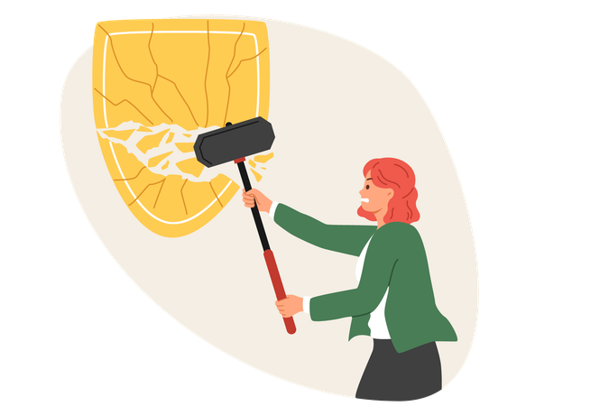 Woman breaks huge shield with sledgehammer destroying protection of competitors business  イラスト