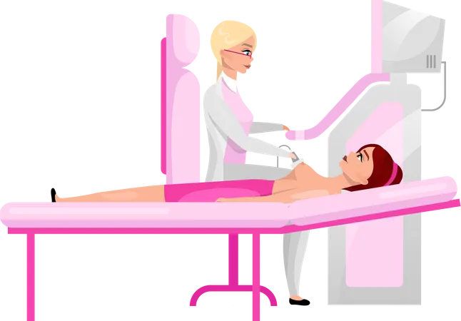 Woman Breast Ultrasound Exam Flat Illustration Therapist Performing Diagnostic Medical Sonography Of Female Chest Breast Screening Concept Patient And Ultrasonography Physician Cartoon Characters イラスト