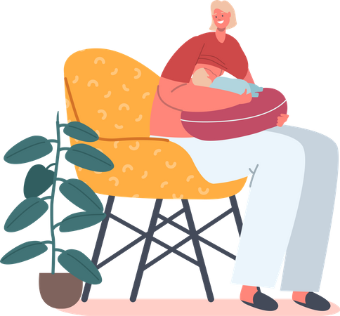Woman breastfeeding little child while sitting on chair Illustration