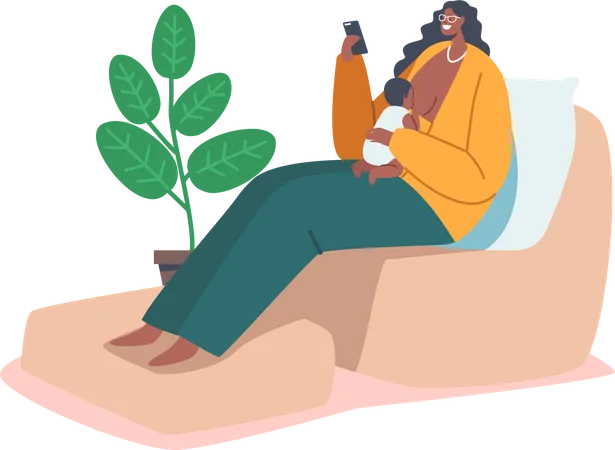 Woman breastfeeding while watching smartphone  Illustration
