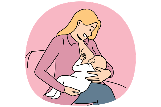 Woman breastfeeds infant and smiles while experiencing joy of motherhood after birth of first child  Illustration