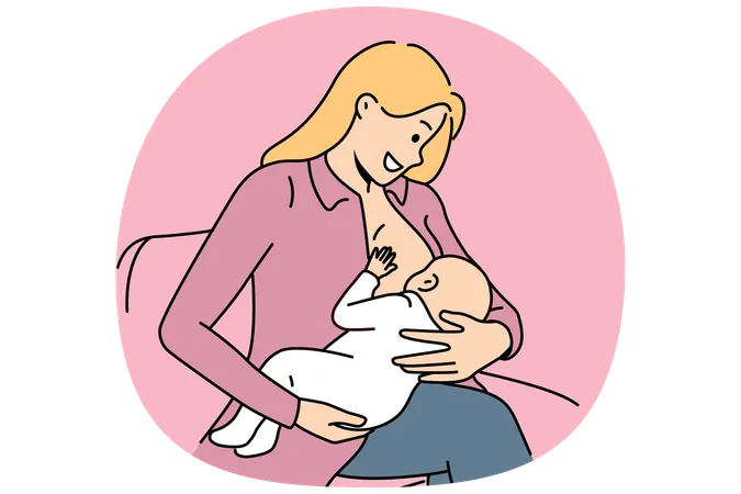 Woman breastfeeds infant and smiles while experiencing joy of motherhood after birth of first child  Illustration