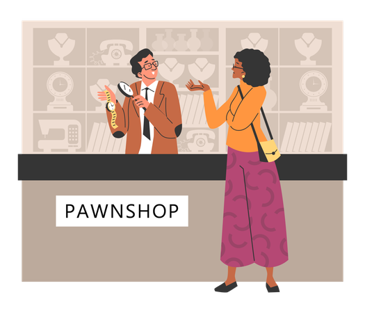 Woman bring gold watch to pawnshop and discuss value with appraiser  Illustration