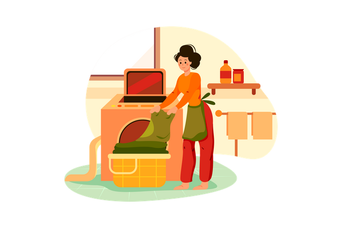 Woman bringing clothes in washing machine  Illustration