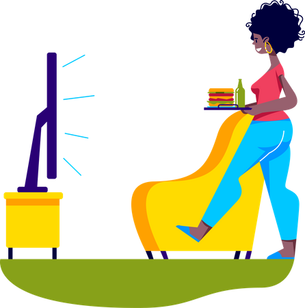 Woman bringing food for eating in front of tv Illustration