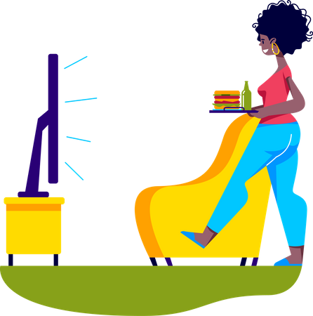 Woman bringing food for eating in front of tv  Illustration