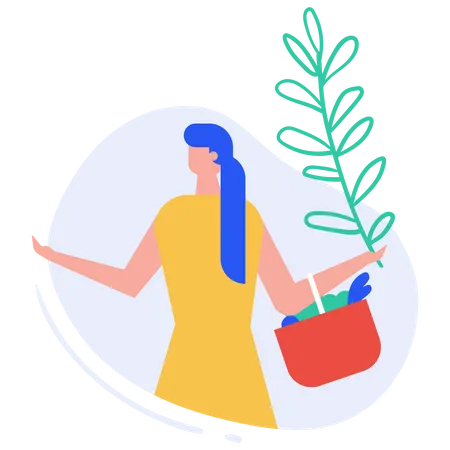 Woman bringing house plant and vegetables Illustration