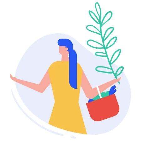 Woman bringing house plant and vegetables  Illustration