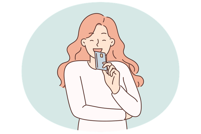 Woman brings credit card to face and smiles planning to make online purchase or pay for shopping  Illustration