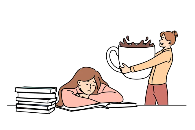Woman brings lot of coffee to tired female student sitting at table with books to prepare for exams  Illustration