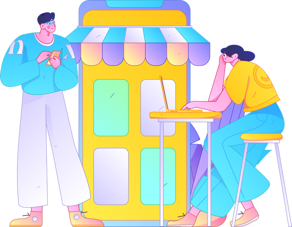 Woman browses shopping application  Illustration