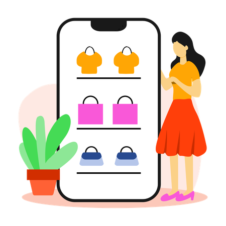 Woman browsing clothing products on mobile shopping app  Illustration