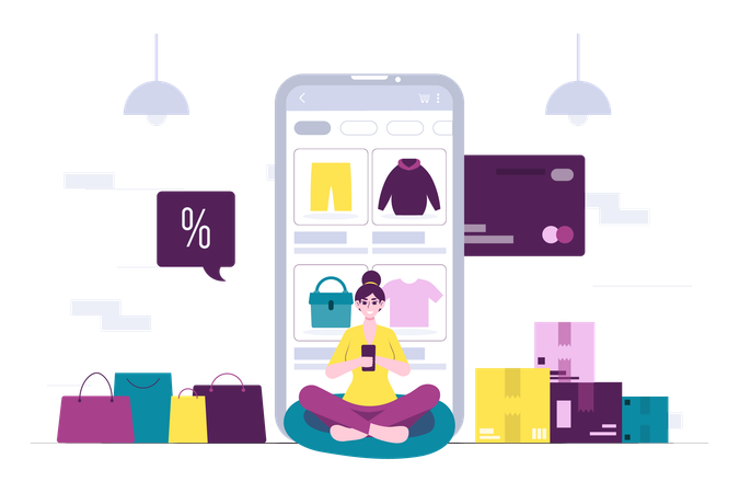 Woman Browsing Product in Mobile Apps  Illustration