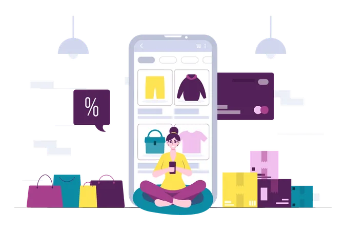 Woman Browsing Product in Mobile Apps  Illustration