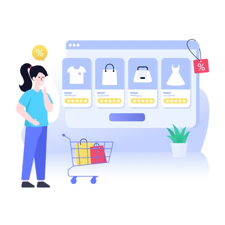 Woman browsing through e-commerce website  Illustration