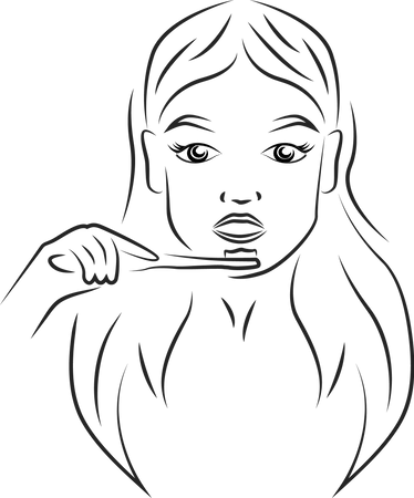 Woman brushing teeth contour portrait  Illustration