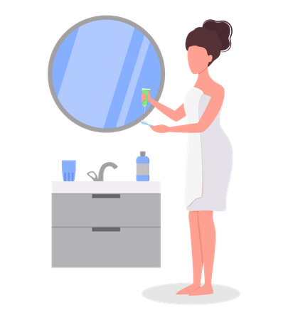 Woman brushing teeth in the bathroom  Illustration