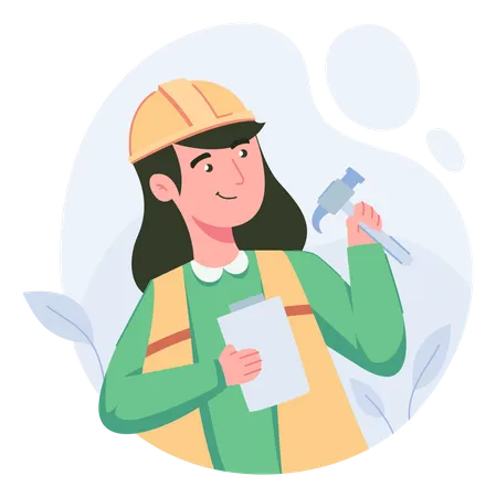 Woman builder holding hammer and plan  Illustration