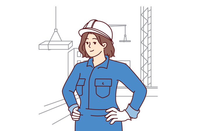 Woman builder stands on construction site near multi-story buildings and tower cranes lifting slabs  イラスト