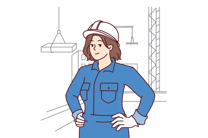 Woman Builder Stands On Construction Site Near Multi Story Buildings And Tower Cranes Lifting Concrete Slabs Confident Girl Builder In Hardhat On Head Keeps Hands On Belt And Looks At Screen Illustration