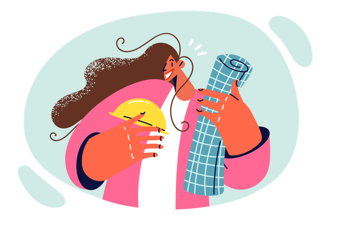Woman builder with helmet and architectural drawings in hands  Illustration