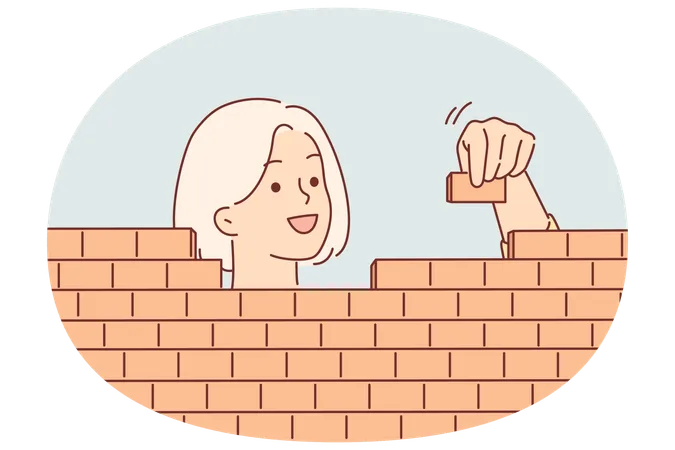 ブロックを慎重に積み上げてレンガの壁を建てる女性  イラスト