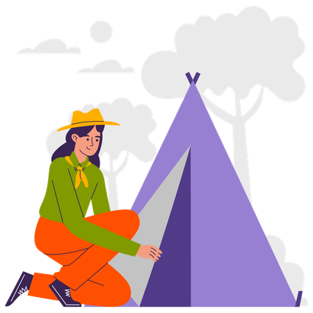 Woman building tent at campsite  Illustration