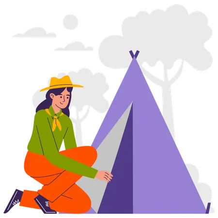 Woman building tent at campsite  Illustration