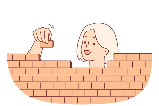 Woman builds brick wall by carefully stacking blocks  일러스트레이션