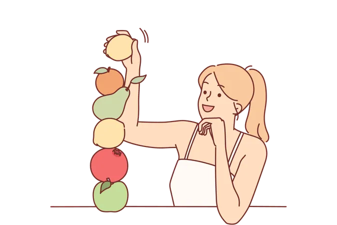 Woman builds fruit pyramid using organic food  Illustration