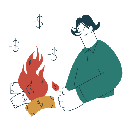 Woman burning money in loss  イラスト