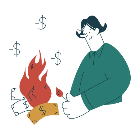 Woman burning money in loss  イラスト