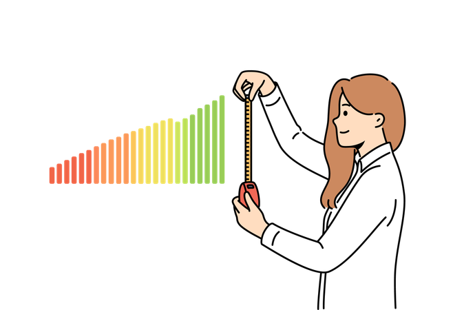 Woman business analyst measures financial chart to understand trends in company income level  Illustration