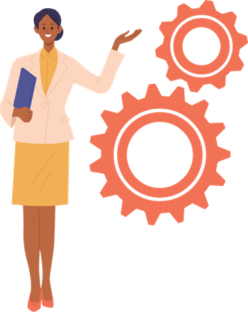 Woman business trainer in formal wear standing by cogwheels sharing effective idea to achieve goal  Illustration