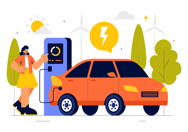 Woman busy in Electric Car Battery Charging  Illustration