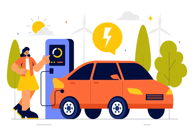 Woman busy in Electric Car Battery Charging  Illustration