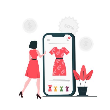 Woman Buy Dress at Online Store  Illustration
