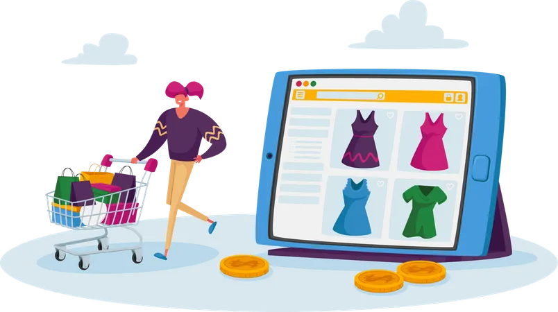 Tiny Character Purchase Dresses In Internet Store Online Shopping Concept Girl Customer Pushing Trolley With Bags Buying Goods At Huge Gadget Screen Digital Marketing Cartoon Vector Illustration Illustration