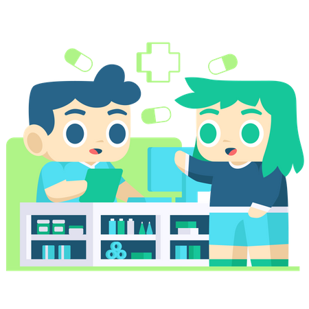 Woman buy medicine from pharmacy shop Illustration