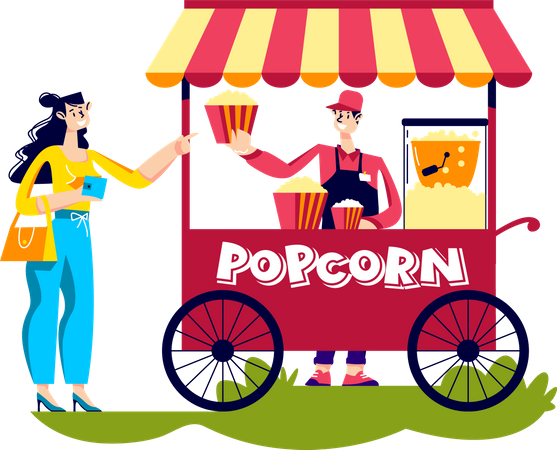 Woman buy popcorn in street kiosk Illustration