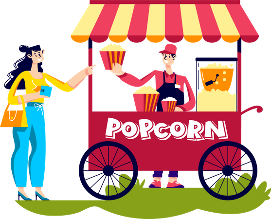 Woman buy popcorn in street kiosk  Illustration