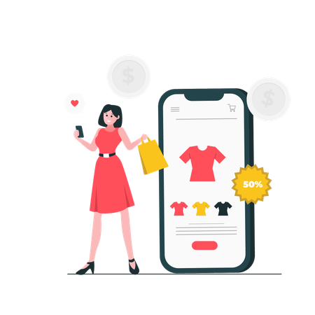 Woman buy Tee at Online Shopping  Illustration