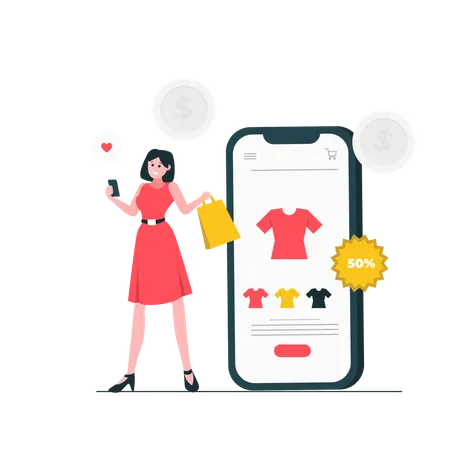 Woman buy Tee at Online Shopping  Illustration