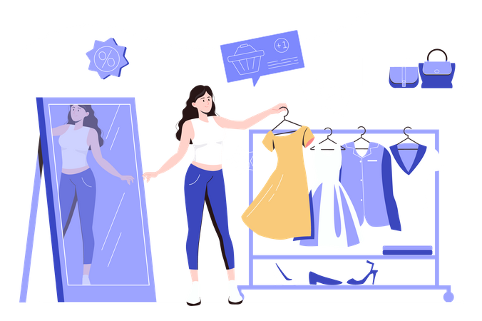 Woman buyer chooses new dress in store  Illustration