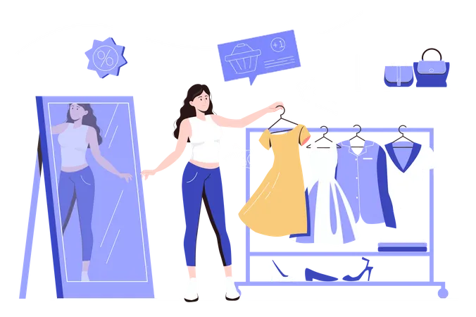 Woman buyer chooses new dress in store  Illustration