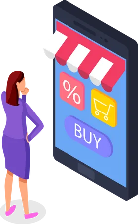 Woman buyer selects a product on a store website on a smartphone screen  Illustration