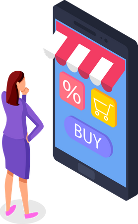 Woman buyer selects a product on a store website on a smartphone screen  Illustration