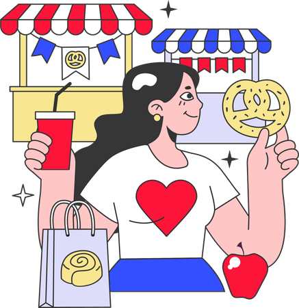 Woman buying and eating pretzels  Illustration
